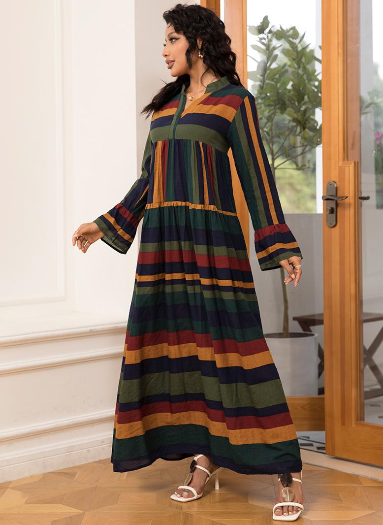 FridayIn Classical V-neck Geometry Stripe Splicing Flared sleeve Long Dresses Variant Color - Image 3