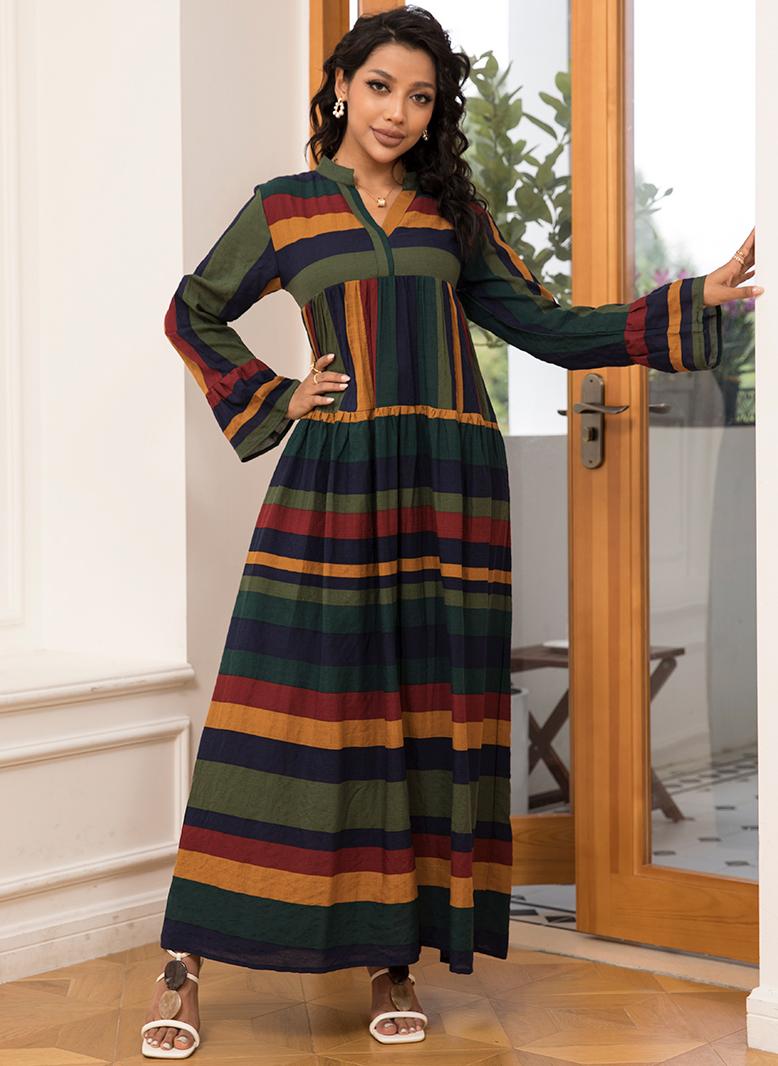 FridayIn Classical V-neck Geometry Stripe Splicing Flared sleeve Long Dresses Variant Color - Image 5