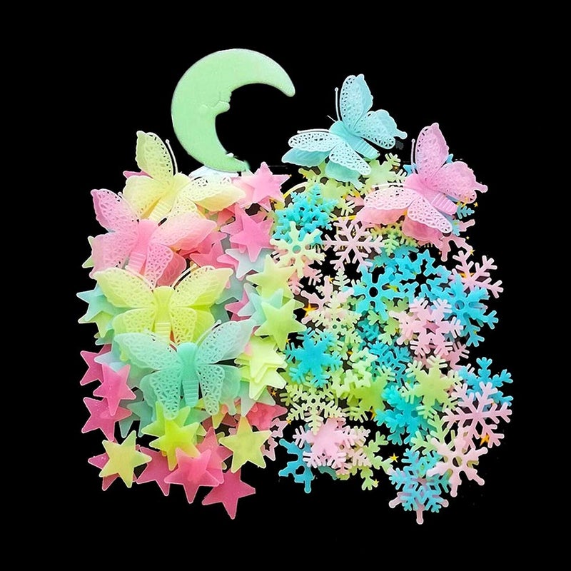 Kiddale 307 Pcs Glow in Dark StarsMoonSnowflake and Butterfly Bright Multicolor Wall Stickers for Ceiling DecalsBedroom Living Room Decor Kit for Kids Boys Girls