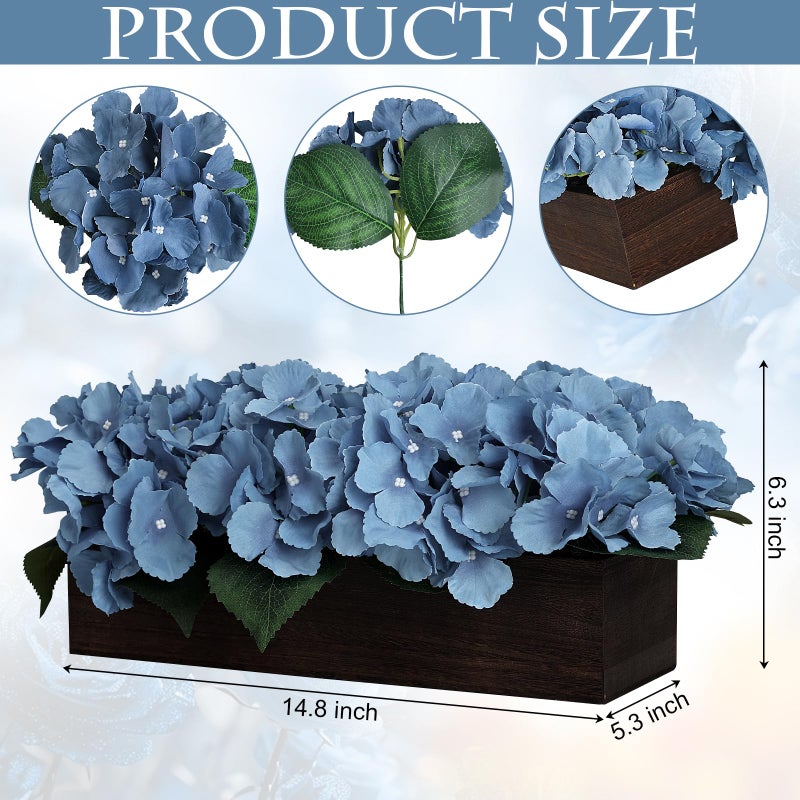 Scawim Pre-made Flower Table Centerpiece, Artificial Hydrangea Arrangements Centerpieces Fake Flowers Decor Wood Tray with Faux Flower Wedding Bouquets Room Kitchen Farmhouse Indoor Office Party(Blue) - Image 2