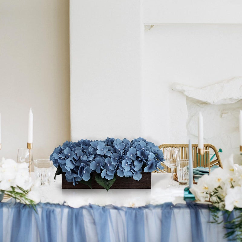 Scawim Pre-made Flower Table Centerpiece, Artificial Hydrangea Arrangements Centerpieces Fake Flowers Decor Wood Tray with Faux Flower Wedding Bouquets Room Kitchen Farmhouse Indoor Office Party(Blue) - Image 3