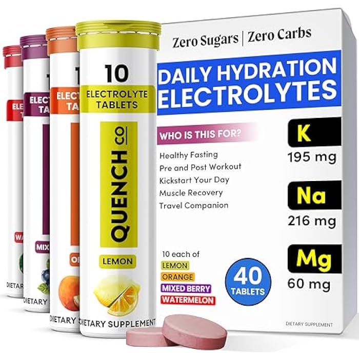 Quench Electrolyte Tablets 40 Count Instant Hydration, Electrolytes, Fasting Electrolytes No Sugar for Optimal Hydration Support Not Powder - Watermelon, Orange, Mixed Berry, Lemon Flavors - Image 1