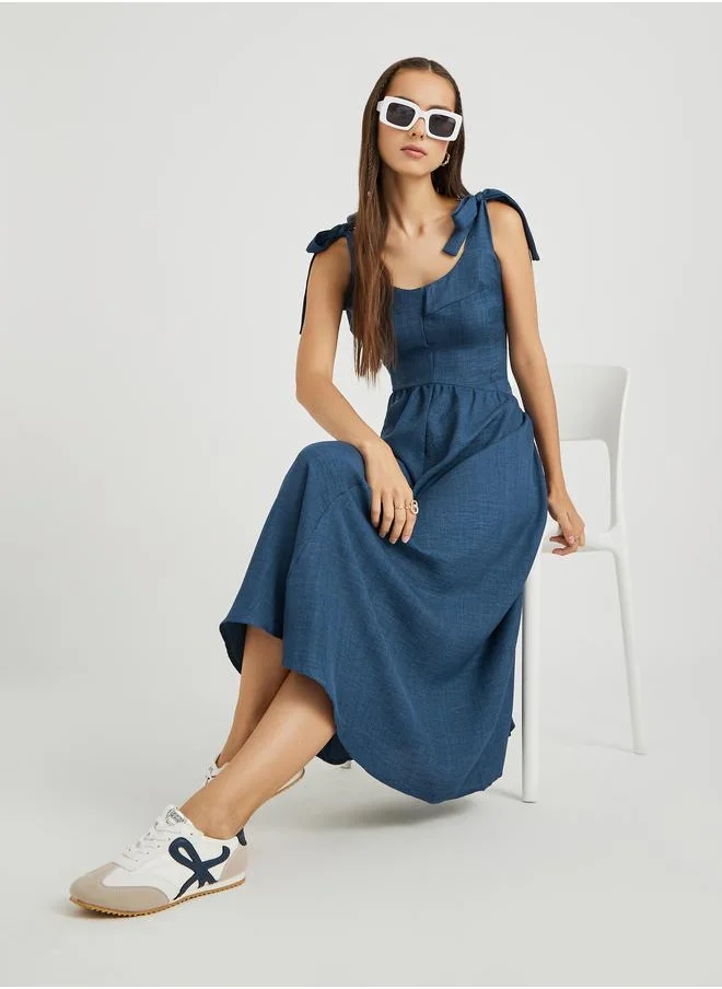 تايك تو Take Two Solid Sleeveless Round Neck A-Line Midi Dress