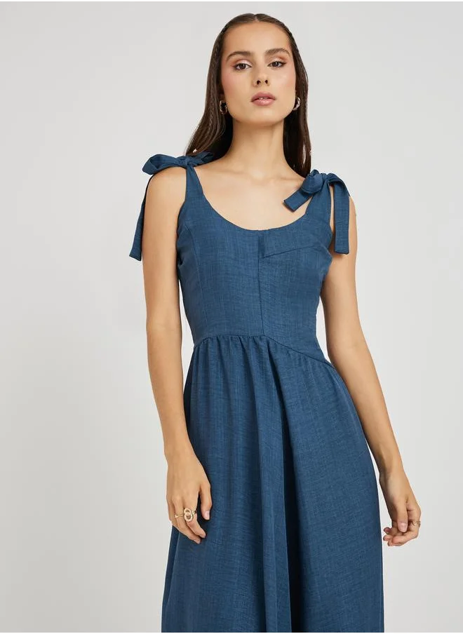 تايك تو Take Two Solid Sleeveless Round Neck A-Line Midi Dress