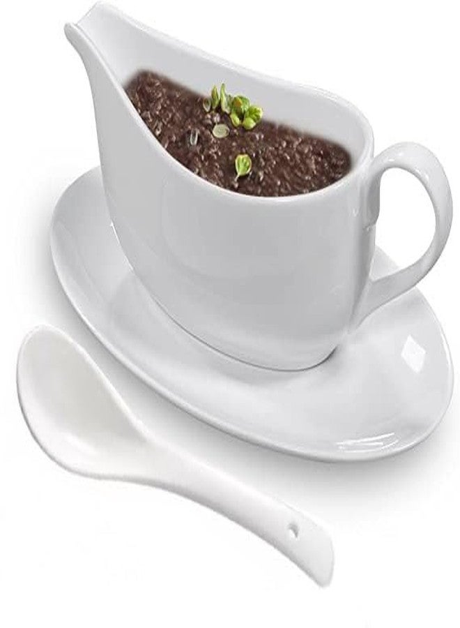 Qlans Gravy Boat With Ladle and Saucer 17 Oz,Ceramic Sauce Boat with Tray for Salad Dressings Milk,Warming Sauces,Creamer,Broth,Black Pepper,White (1 PCS New Gravy Boat With Ladle and Saucer) - Image 1