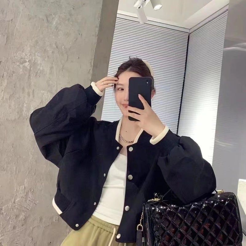 Retro American Baseball Jacket for Women Autumn Casual Pink Sweatshirt Coat Apricot  - Image 4