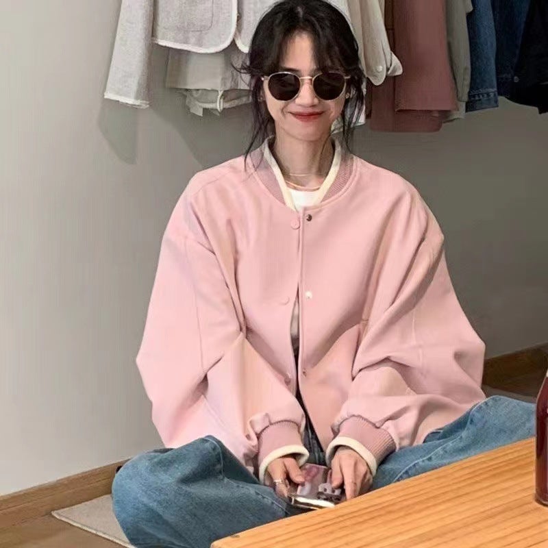 Retro American Baseball Jacket for Women Autumn Casual Pink Sweatshirt Coat Apricot  - Image 3