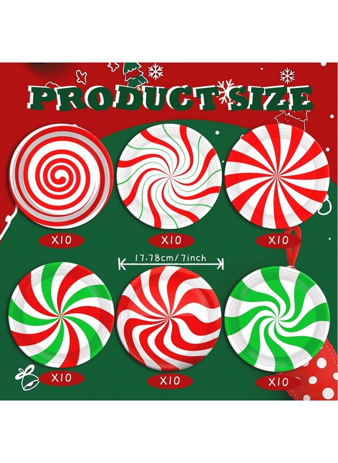 FZR Legend - 60 Christmas Candy Party Paper Plates, 7 Inch Red White And Green Striped Xmas Theme Disposable Dessert Cake Plates Dinnerware For Christmas Holiday Supplies Decorations - Image 1