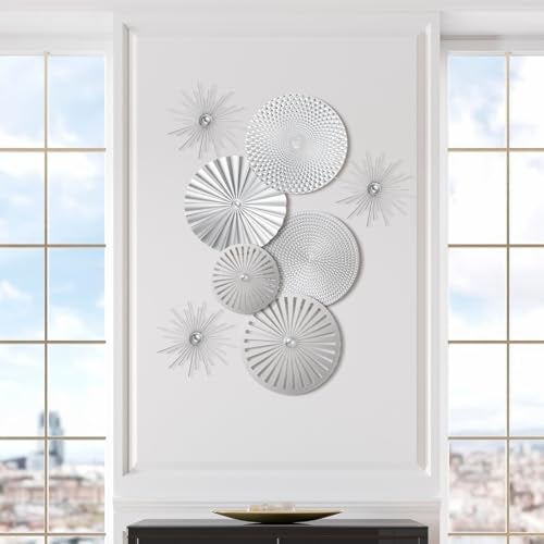 Lingvee 8 Pcs Gold Wall Decor Modern Metal Decor Metal Starbursts Radial Plate Art Hanging Decorative Wall Decorations for Home Bedroom Bathroom Living Room Office Sculpture(Silver) - Image 5