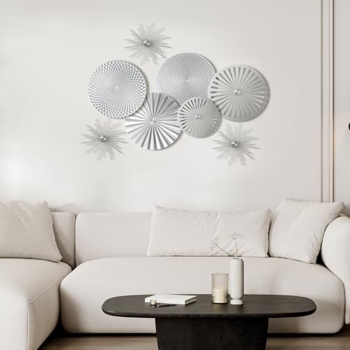Lingvee 8 Pcs Gold Wall Decor Modern Metal Decor Metal Starbursts Radial Plate Art Hanging Decorative Wall Decorations for Home Bedroom Bathroom Living Room Office Sculpture(Silver) - Image 4