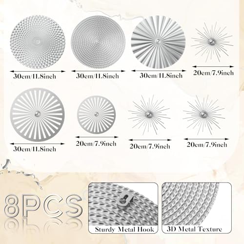 Lingvee 8 Pcs Gold Wall Decor Modern Metal Decor Metal Starbursts Radial Plate Art Hanging Decorative Wall Decorations for Home Bedroom Bathroom Living Room Office Sculpture(Silver) - Image 3