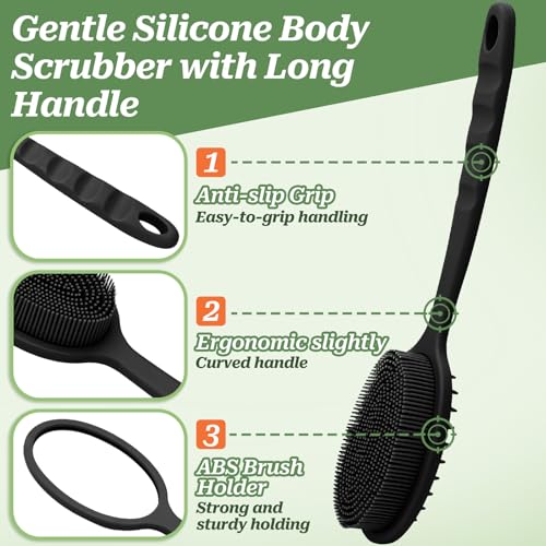 GEENOA Silicone Back Scrubber for Shower, Gentle Exfoliating Body Scrubber & Back Washer with Handle, Silicone Loofah with Two Dual-Side & Replaceable Brush Heads(Blue-Two Heads) - Image 2