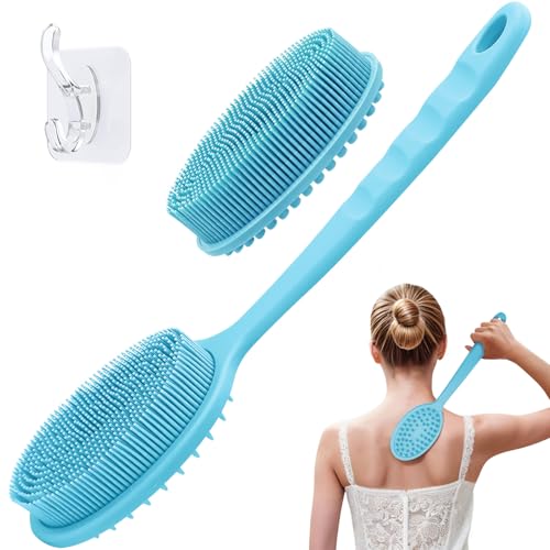 GEENOA Silicone Back Scrubber for Shower, Gentle Exfoliating Body Scrubber & Back Washer with Handle, Silicone Loofah with Two Dual-Side & Replaceable Brush Heads(Blue-Two Heads) - Image 1