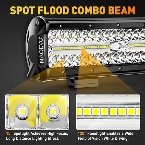 NAOEVO 12Inch LED Light Bar and 2PCS 4Inch LED Pod Lights, 420W 42000LM LED Fog/Driving/Off Road Lights Bar, Spot Flood Combo LED Light Bar with Wiring Harness Kit-3 Lead for Truck ATV Boat - Image 3