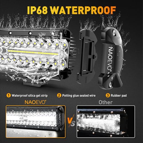 NAOEVO 12Inch LED Light Bar and 2PCS 4Inch LED Pod Lights, 420W 42000LM LED Fog/Driving/Off Road Lights Bar, Spot Flood Combo LED Light Bar with Wiring Harness Kit-3 Lead for Truck ATV Boat - Image 4
