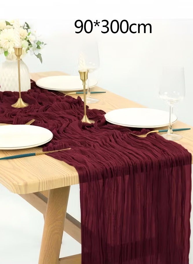Wedding Bridal Baby Shower Birthday Party Table Decorations Boho Gauze Cheese Cloth Long Cheesecloth Table Runner ，wine red, 90*300cm - Image 1