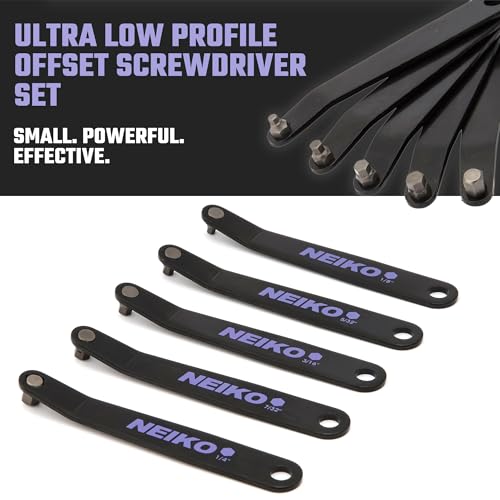 NEIKO 01320A Ultra Low Profile Offset Screwdriver Hex Set 5 Pc Heavy Duty S2 Steel Construction SAE 10mm Bit Depth Angled Hex Bit Bent Screwdriver for Tight Spaces Allen Wrench Keychain - Image 3