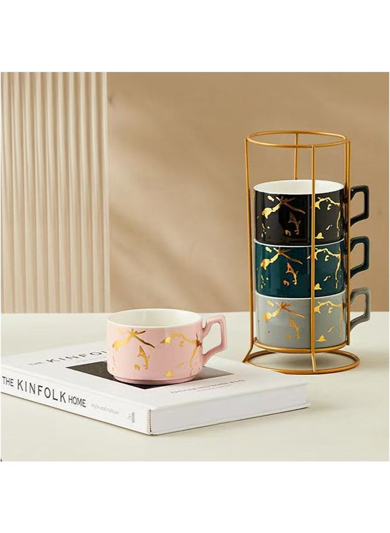 Aikanbo Set of 4 Stackable Coffee Mugs with Rack，300ml Colorful Ceramic Coffee Mugs with Metal Stand，Coffee Cup Set for Espresso，Cocoa，Latte，Americano，Cappuccino，Tea，Milk，Multi-colored（Black+Pink+Dark Blue+Gray） - Image 5