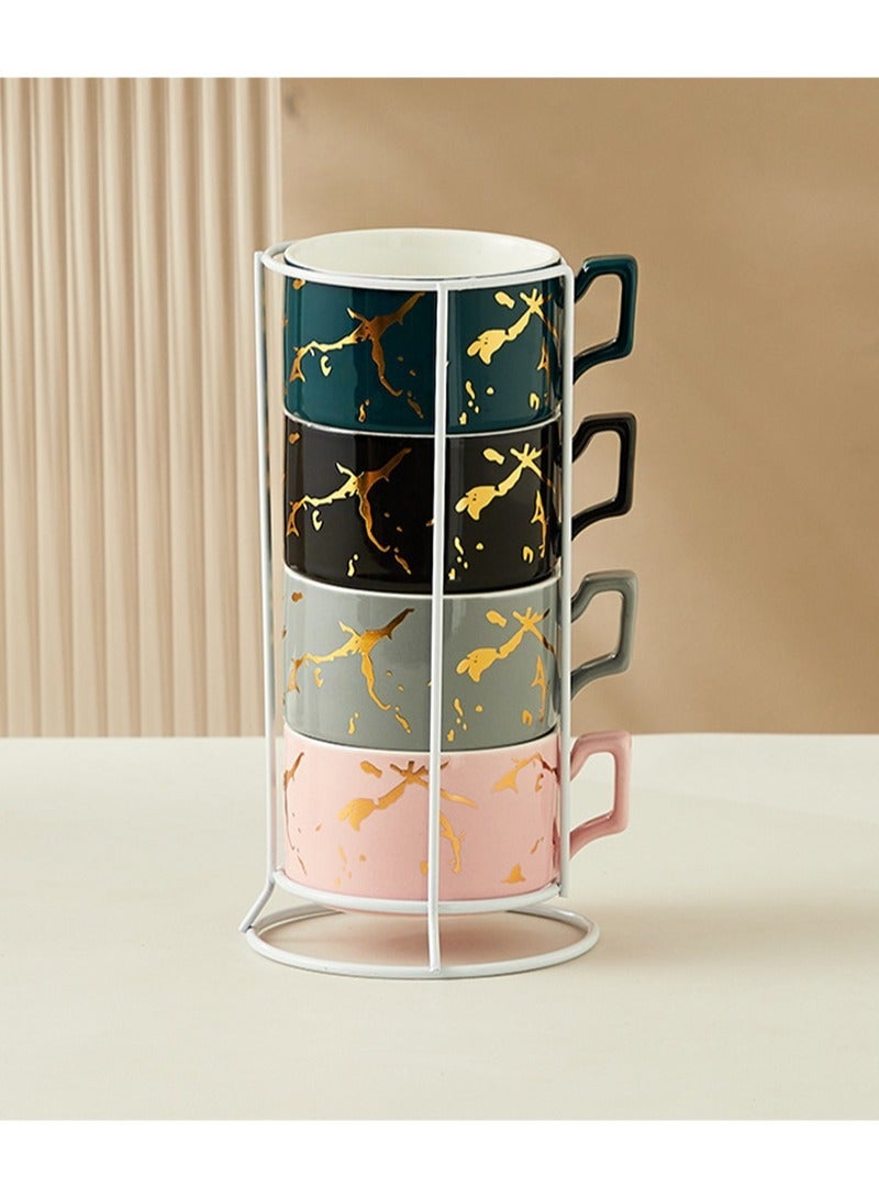 Aikanbo Set of 4 Stackable Coffee Mugs with Rack，300ml Colorful Ceramic Coffee Mugs with Metal Stand，Coffee Cup Set for Espresso，Cocoa，Latte，Americano，Cappuccino，Tea，Milk，Multi-colored（Black+Pink+Dark Blue+Gray） - Image 1