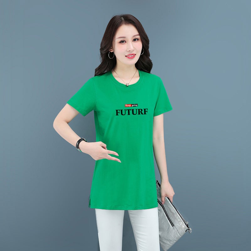 Middle-Aged Mom'S Pure Cotton Stretch Casual Short-Sleeved Mid-Length T-Shirt Women'S Summer Thin Round Neck Loose Meat Covering T-Shirt - Image 1