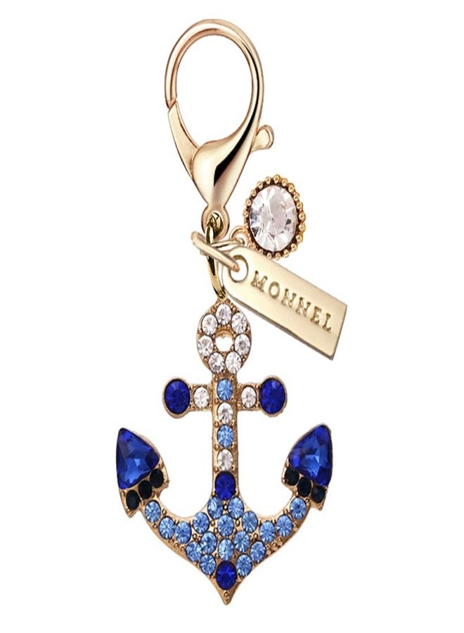 MONNEL MC378 Crystal Anchor Lobster Clasp Charm for Women with Velvet Bag (Blue,1 Piece) - Image 1