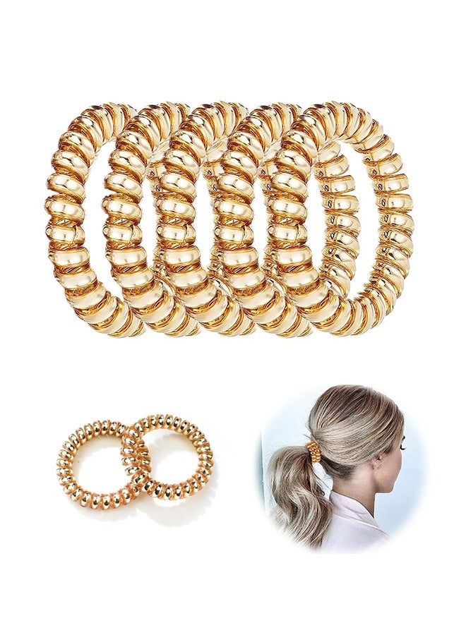5 Pcs Metallic Luster Spiral Hair Coils, No Crease Plastic Elastic Phone Cord Hair Ties, Colorful Ponytail Holders Hair Accessories for Women Girls (Golden) - Image 1