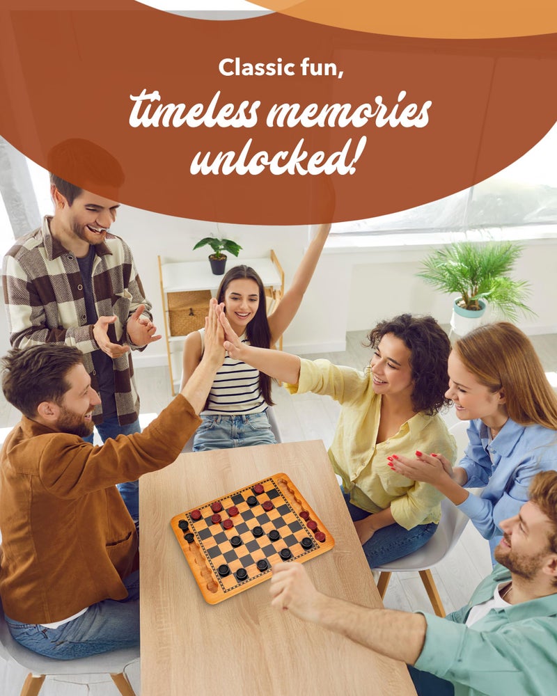 WE Games Solid Wood Checkers Board Game â€“ 14.5-Inch Vintage Checkers Set with Inset Grooves & 24 Red & Black Board Game Pieces â€“ Fun Family Table Game - Image 5