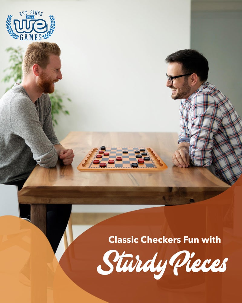 WE Games Solid Wood Checkers Board Game â€“ 14.5-Inch Vintage Checkers Set with Inset Grooves & 24 Red & Black Board Game Pieces â€“ Fun Family Table Game - Image 2