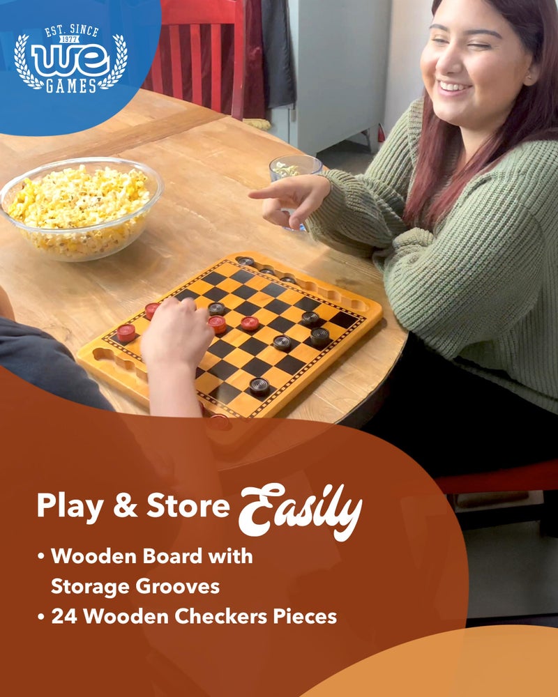 WE Games Solid Wood Checkers Board Game â€“ 14.5-Inch Vintage Checkers Set with Inset Grooves & 24 Red & Black Board Game Pieces â€“ Fun Family Table Game - Image 4