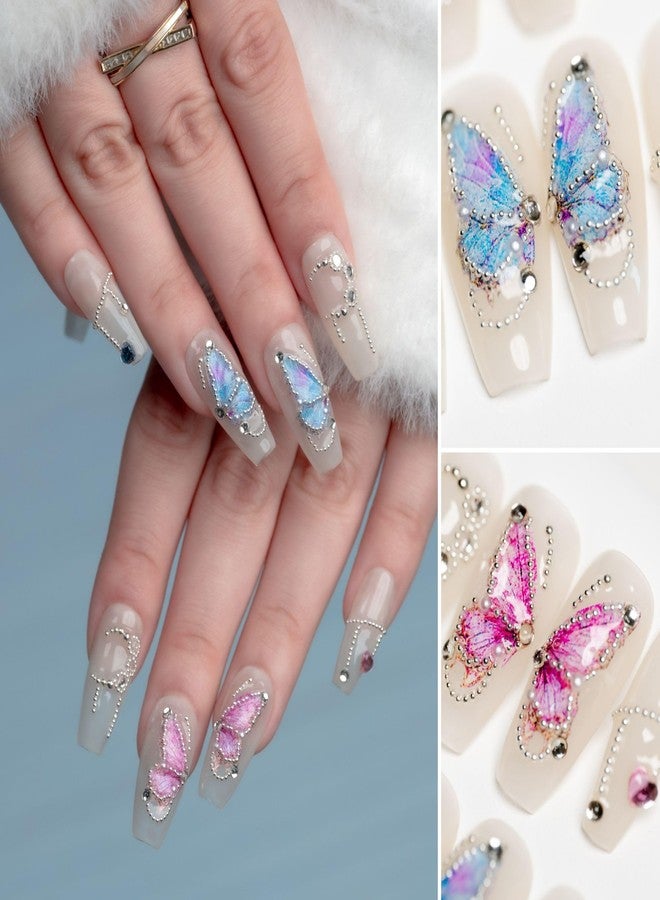 Sun&Beam Nails Handmade Nail Tips Medium Long Ballerina Coffin Fake Nails White Pearl Colorful Butterfly Popular Stylish Cute Fake Nails 10 Pcs (#90 S) - Image 2