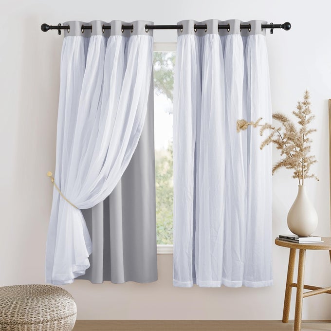BLACKOUT CURTAINS SHEER OVERLAY DECORATIVE WINDOW DRAPES WITH GROMMET MIX MATCH FOR BEDROOM 52 X 63 IN SILVER GREY 2 PIECES