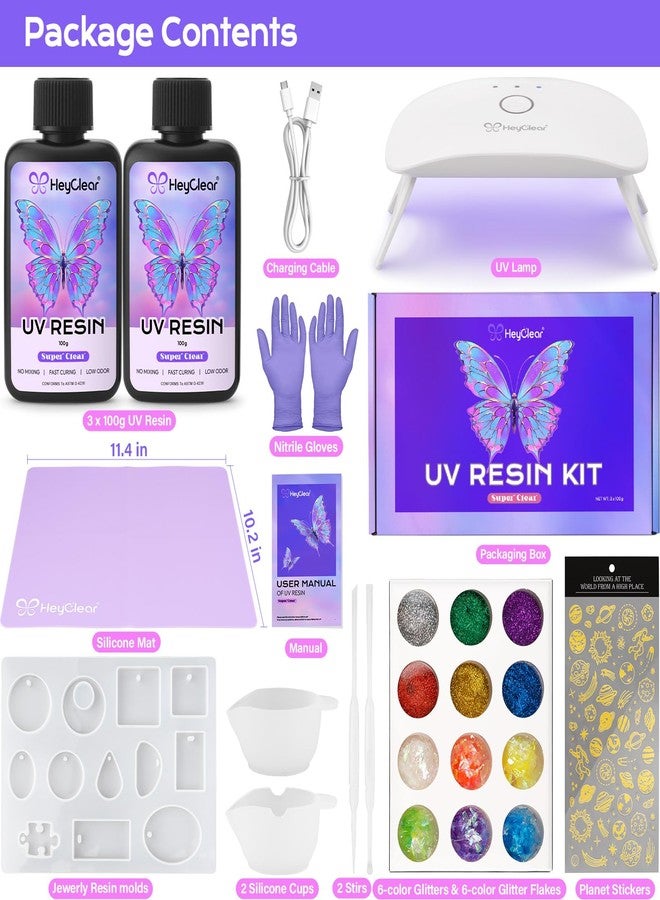 HeyClear UV Resin Kit 200g with UV Light, Molds and Casting Tools -Super Clear, Hard, Low Odor, Premixed and Fast Curing for Coating, Jewelry Making, DIY Craft Decorations - Image 2