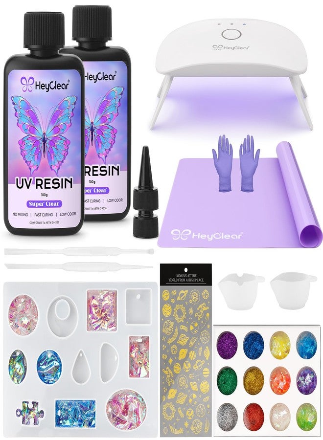 HeyClear UV Resin Kit 200g with UV Light, Molds and Casting Tools -Super Clear, Hard, Low Odor, Premixed and Fast Curing for Coating, Jewelry Making, DIY Craft Decorations - Image 1