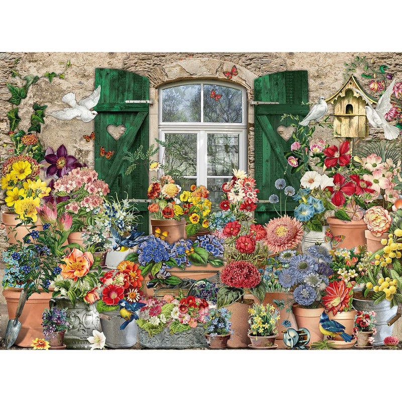 Bits and Pieces – 1000 Piece Jigsaw Puzzle for Adults – Flowers Outside - Collage Flower Window Bird House Spring Butterfly Cottage Jigsaw Puzzle by Artist Barbara Behr - Image 1