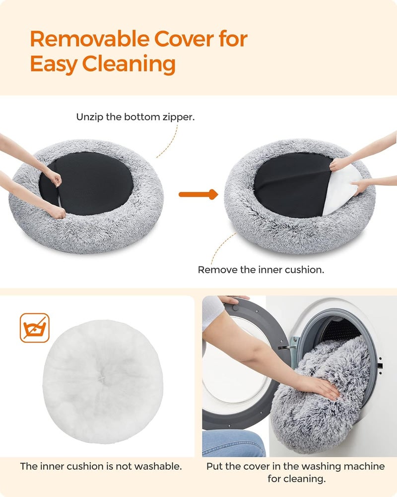 FEANDREA Dog Bed, Donut Cat Bed, Fluffy Calming Pet Bed with Removable, Washable Cover, Soft Long Plush, 100 cm, Grey - Image 4