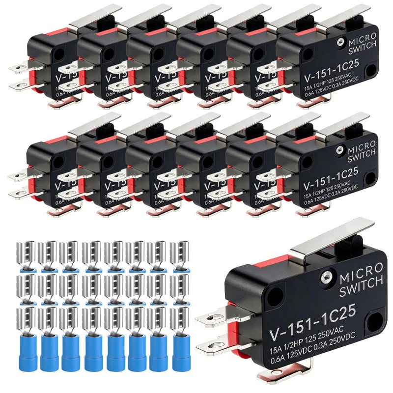 Gebildet جيبيلديت 12 قطعة مفتاح مصغر V-151-1C25 125V/250V 15A مفتاح حد لحظي، 3 دبابيس SPDT أحادي القطب مزدوج الاتجاه مفتاح أساسي مصغر + 24 قطعة طرفية - Image 1