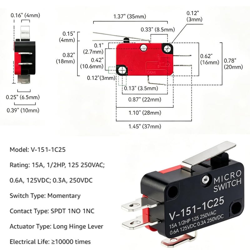 Gebildet جيبيلديت 12 قطعة مفتاح مصغر V-151-1C25 125V/250V 15A مفتاح حد لحظي، 3 دبابيس SPDT أحادي القطب مزدوج الاتجاه مفتاح أساسي مصغر + 24 قطعة طرفية - Image 5