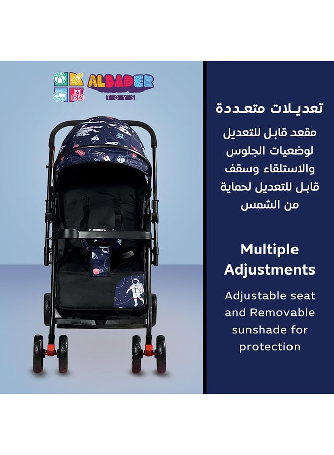 AL BADER Lightweight Folding Multi-Function Trip Baby Stroller And Foldable With Safety Harness Travel Stroller With Adjustable Backseat And Large Storage Dark Blue - Image 3