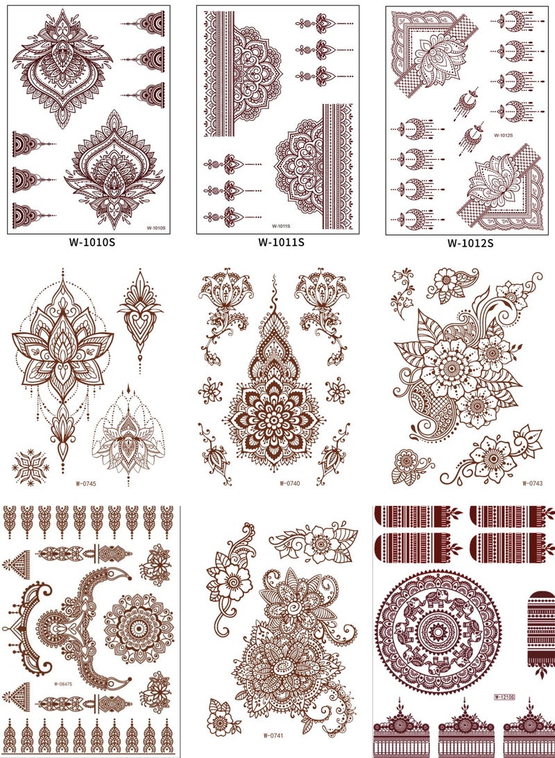 9 Sheets Henna Temporary Tattoo Stickers Tatouage Marron Designs Full Hand - Image 1