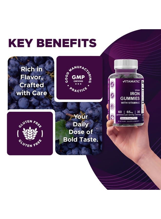 Vitamatic مكمل حبوب الحديد 65 ملغ للنساء والرجال - 60 حبة جيلاتينية نباتية - فيتامينات حديد جيلاتينية ذات طعم رائع مع فيتامين C (2) - Image 5