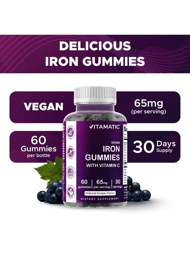 Vitamatic مكمل حبوب الحديد 65 ملغ للنساء والرجال - 60 حبة جيلاتينية نباتية - فيتامينات حديد جيلاتينية ذات طعم رائع مع فيتامين C (2) - Image 4