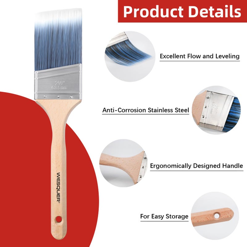 Wesquer Angled Paint Brush 2.5 Inch 2 Pack, Professional Paint Brushes for Walls, Furniture, Cabinets & Edges - No Shedding Synthetic Bristles, Comfort Wood Handle for Oil & Latex Paint - Image 2