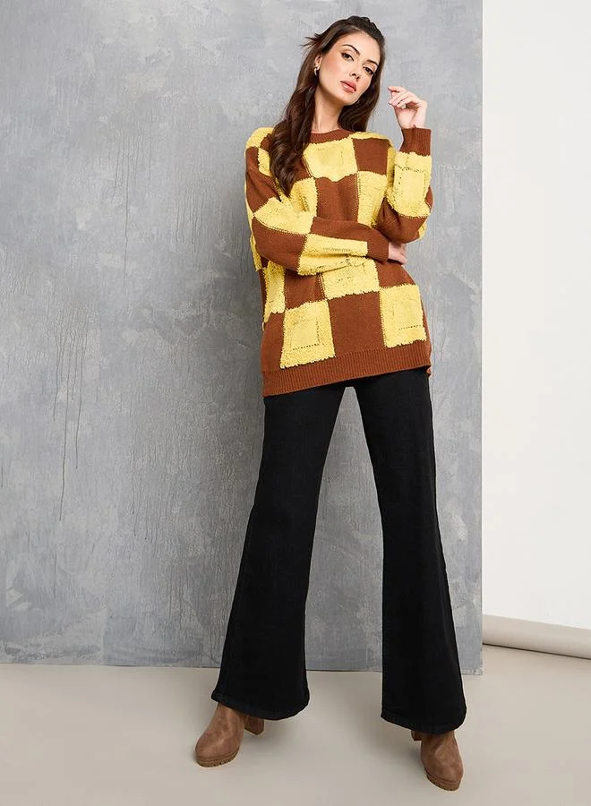 تايك تو Oversized Checker Pattern Drop Shoulder Sweater