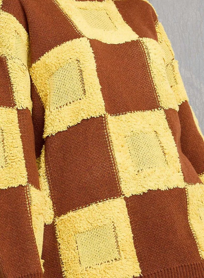 تايك تو Oversized Checker Pattern Drop Shoulder Sweater
