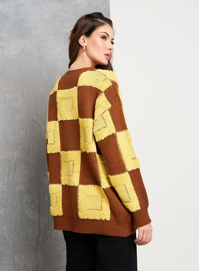 تايك تو Oversized Checker Pattern Drop Shoulder Sweater