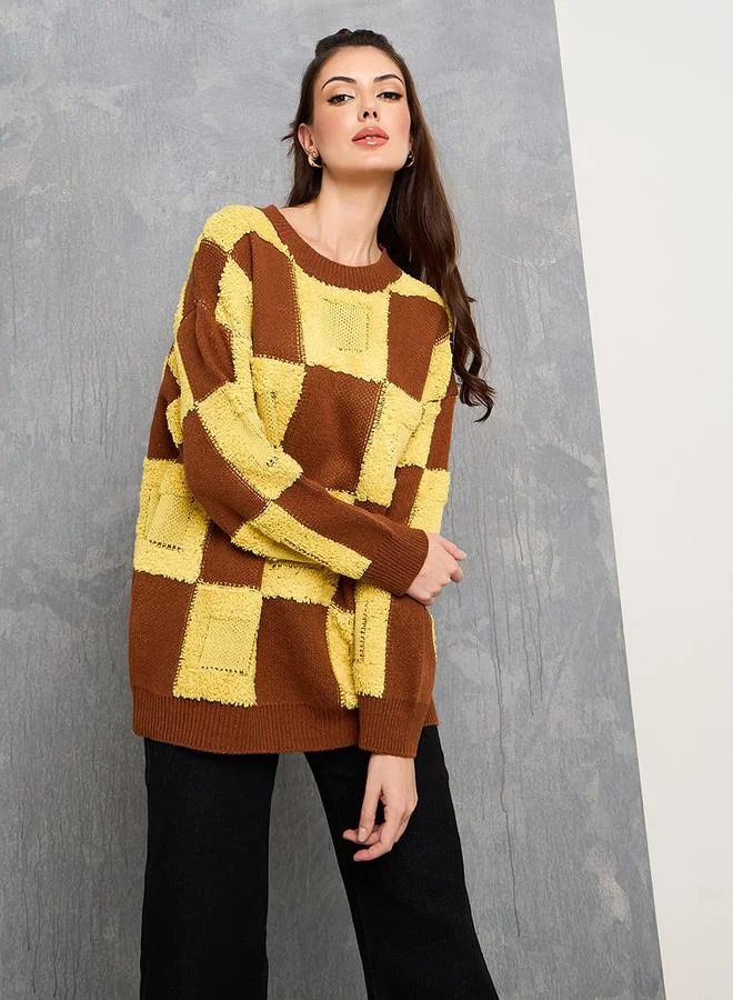 تايك تو Oversized Checker Pattern Drop Shoulder Sweater