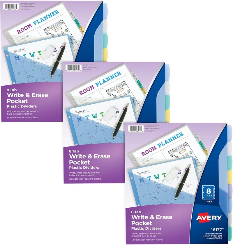 AVERY Write & Erase Pocket Plastic Dividers for 3 Ring Binders, 8-Tab Sets, Multicolor, 3 Binder Divider Sets (31701) - Image 1