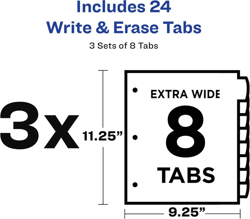 AVERY Write & Erase Pocket Plastic Dividers for 3 Ring Binders, 8-Tab Sets, Multicolor, 3 Binder Divider Sets (31701) - Image 3