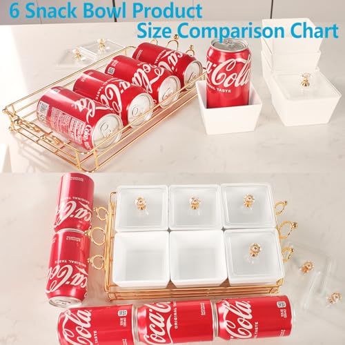 YA JU Ceramic Bowls and with Lid Gold Basket Trays, 6 Removable Small Bowls Condiment Trays Nut Serving Set for Snacks, Fruits, Candy and Condiments -Great for Parties, Holiday Gifts, White - Image 3