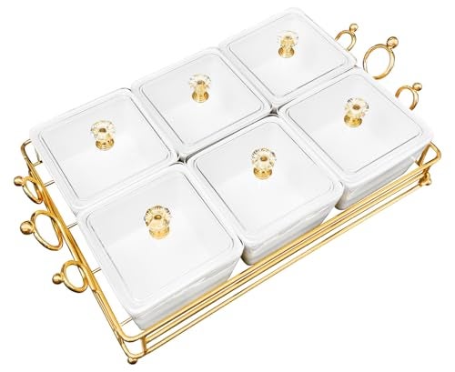 YA JU Ceramic Bowls and with Lid Gold Basket Trays, 6 Removable Small Bowls Condiment Trays Nut Serving Set for Snacks, Fruits, Candy and Condiments -Great for Parties, Holiday Gifts, White - Image 4